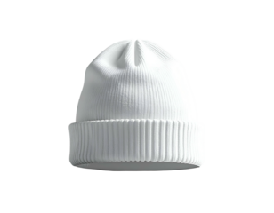 A white knitted beanie hat with a folded brim on a black background