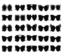 A collection of diverse black sunglasses in various shapes and styles arranged in a grid format