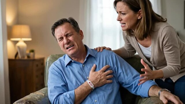 A concerned woman offers support to a middle-aged man experiencing intense chest pain while sitting in a comfortable home setting. The man clutches his chest with a visible expression of agony and dis