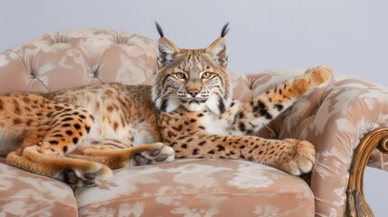 Majestic Lynx Relaxing Comfortably on a Vintage Couch in Elegant Living Room Setting