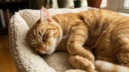 A ginger feline companion peacefully sleeps curled up in a soft, plush pet bed, illuminated by warm, natural light from a nearby window. The adorable domestic animal exhibits complete tranquility and 