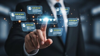 Businessman in suit interacting with futuristic digital interface displaying reviews ratings and star icons in a high tech environment for innovative technology concepts