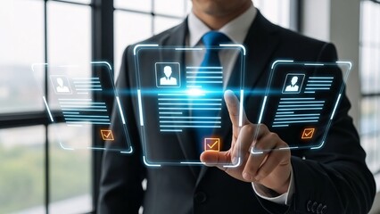 Businessman interacting with futuristic digital interface displaying profiles and data management in modern office environment for technology innovation and digital transformation