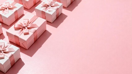 Pink gift boxes with ribbons on pink surface