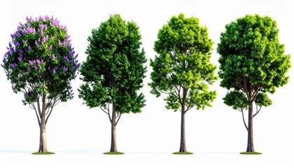 Obraz premium Variety of Trees Isolated on White Background Lush Foliage and Blooming Flowers