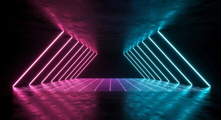 Abstract futuristic background with glowing neon lines creating a vibrant geometric grid and reflections in dark empty space for design, ultraviolet, futuristic, radiant