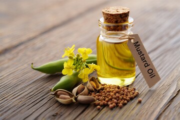 Mustard oil ingredients on wooden table with seeds and flowers