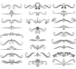 A collection of ornate black decorative dividers flourishes and swirls presented on a clean white background
