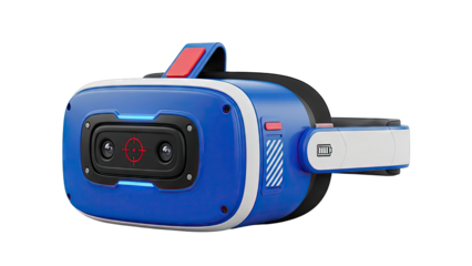 Blue Virtual Reality Headset with Red Targeting Reticle and Battery Icon