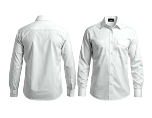 Front and back views of a crisp, white, long-sleeved button-up shirt