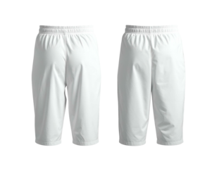 Two white cropped athletic shorts, front and back views