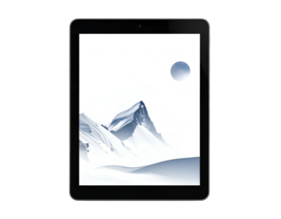Digital tablet displaying serene mountain and moon landscape