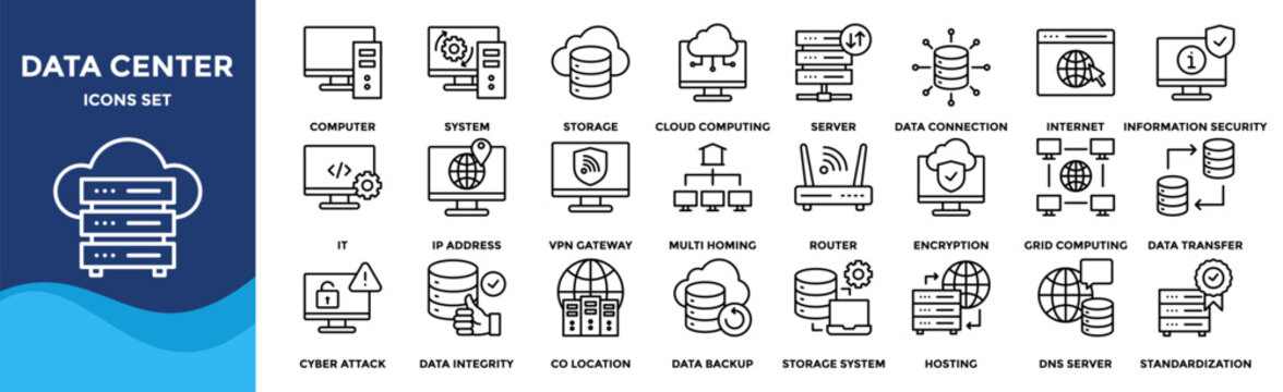 Data center icon collection set. Containing cloud computing, security, hosting, computer, internet, server, information technology icon