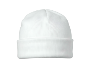 White ribbed knit beanie, folded cuff, against a black background