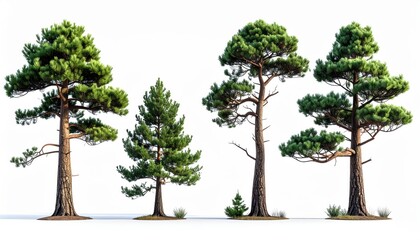 Obraz premium Pine Trees Isolated on White, Evergreen Forest, Nature Background, 3D Render