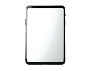 Sleek tablet with a bright, blank screen on a black background