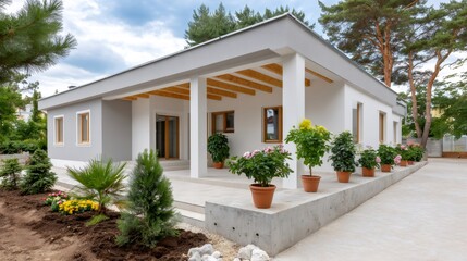 Modern bungalow house exterior with terraced garden