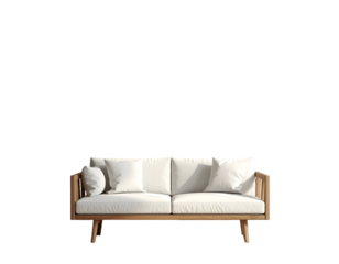Modern wooden sofa with white cushions, set against black
