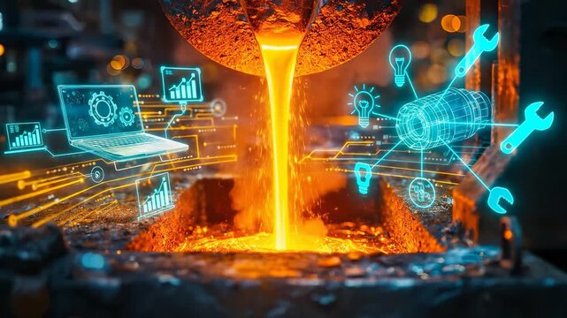 Molten orange metal pouring from industrial crucible with glowing holographic laptop and turbine wireframe data interface in foundry