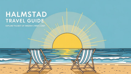 Obraz premium Two beach chairs on sandy shore facing ocean waves at sunset, serene travel and leisure scene with clear blue sky with vacation with coast