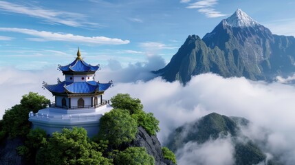Fototapeta premium Serene Mountain Temple Surrounded by Clouds and Majestic Peaks under Clear Blue Sky