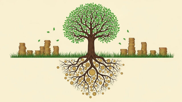 A tree with roots and coins growing in the ground with stacks of gold money on either side representing financial growth with prosperity