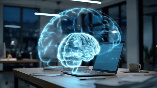 Digital Brain on Desk: A stylized, glowing representation of a brain hovers above a laptop on a desk, symbolizing the intersection of technology and human intellect in a modern workspace.