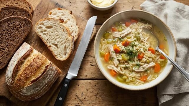 A vibrant top-down shot captures a steaming bowl of wholesome and comforting soup, rich with shredded protein, tender vegetables like carrots and celery, and small pasta, suggesting a nourishing homem