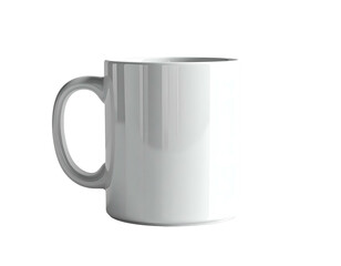 A clean white mug with a simple handle on a black background