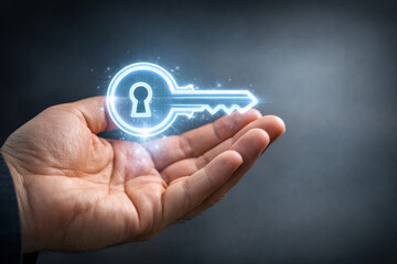 Zero trust security concept with hand holding digital key for data privacy protection technology innovation futuristic cyber safety access control