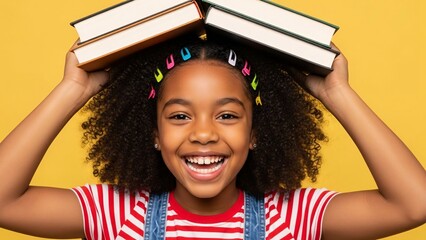 Happy young girl with curly hair smiling and holding books on her head against a yellow background perfect for education and childhood themes