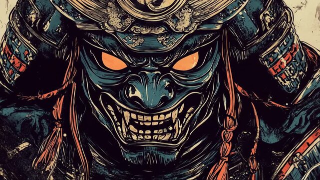 Intense Samurai Warrior Illustration with Detailed Armor and Oni Mask Appearance