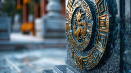 Obraz premium Intricate Dragon Design on Stone Surface in Tranquil Temple Environment Captured in Vibrant Detail