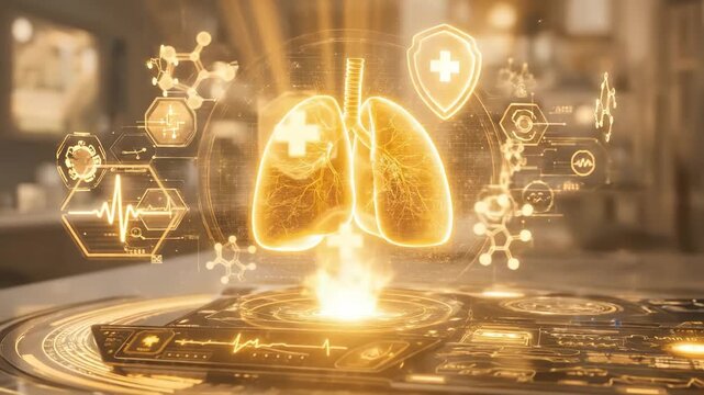 Glowing golden holographic human lungs breathing with protection shield and medical data floating above tablet in warm amber laboratory room