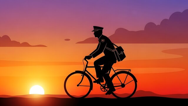 Silhouette of a postal worker riding a bicycle at sunset with a bag of mail.