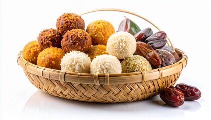 Assorted sweet treats in wicker basket, traditional snacks, festive desserts