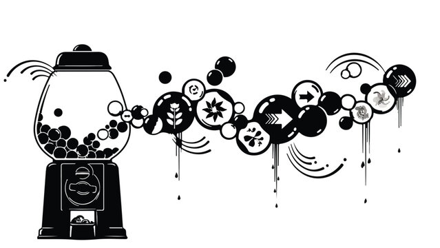 Whimsical gumball machine dispenses a stream of creative symbols and ideas.