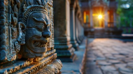 Fototapeta premium Intricate Stone Carving with Ancient Temple in the Background at Sunrise in Cambodia