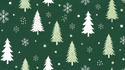 Obraz premium Festive Christmas Tree Pattern with Snowflakes and Dots on Green Background for Holiday Decorations and Seasonal Design Projects