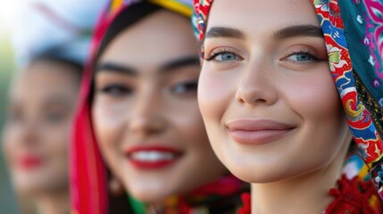 Fototapeta premium Beautiful young women wearing colorful headscarves, showcasing traditional attire and joyful expressions, in a bright outdoor setting.