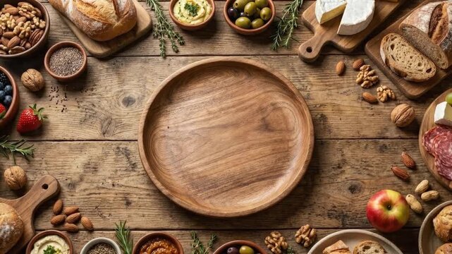 An inviting overhead shot reveals a beautifully arranged assortment of fresh, wholesome foods laid out on a rustic wooden table. A centerpiece empty wooden plate awaits, surrounded by artisan breads, 