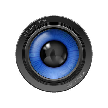 Realistic camera lens with blue human eye iris focusing on vision, creative surveillance concept, 3D vector illustration isolated on transparent background