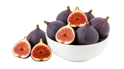 Fresh purple figs in a bowl isolated on transparent background