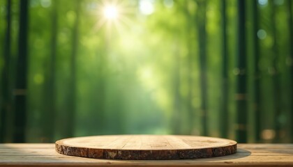 Round wooden circle on table. Blurred green forest background with sunlight. Empty rustic podium for product display. Natural scene for promotion. Clean design space.