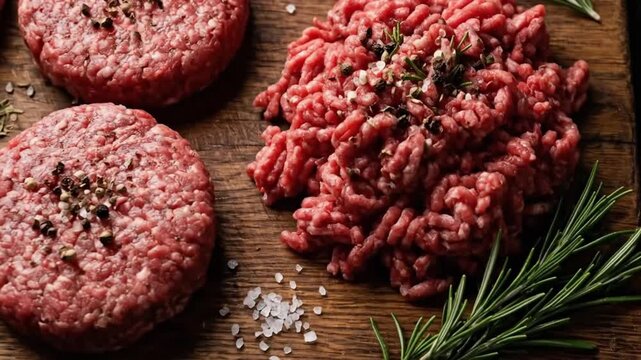 This overhead shot captures a visually appealing arrangement of raw, seasoned ground meat. Several perfectly formed patties are visible, generously sprinkled with freshly ground black pepper, resting 