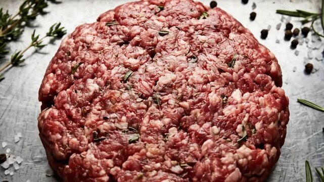 This overhead shot captures a generously sized patty of raw, seasoned ground meat, likely prepared for cooking. Fresh sprigs of fragrant rosemary and thyme are artfully arranged alongside scattered wh
