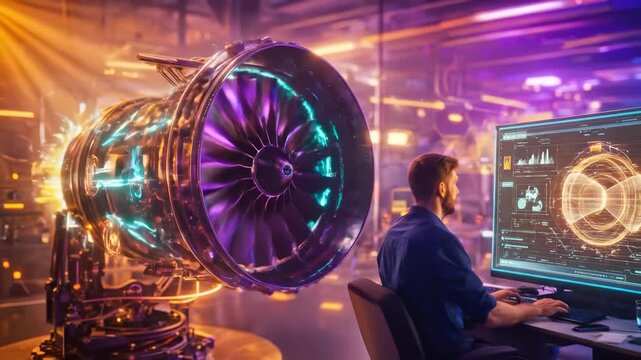 Aerospace Engineer Working on Jet Engine Digital Twin at High Tech Workstation with Neon Purple and Orange Holographic Data Displays