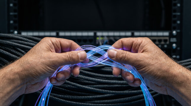 Engineer hands holding fiber optic cable showing zero trust security concept with reliable data connection network in server room - Powered by Adobe
