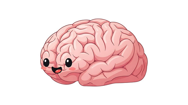 Cute Kawaii Cartoon Brain Character Illustration with a Smiling Face Isolated on White Background