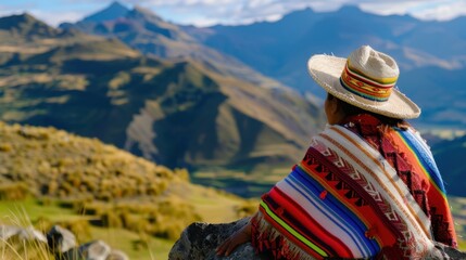 Indigenous Person in Traditional Poncho Gazing at Majestic Mountains Under Bright Sky in South America